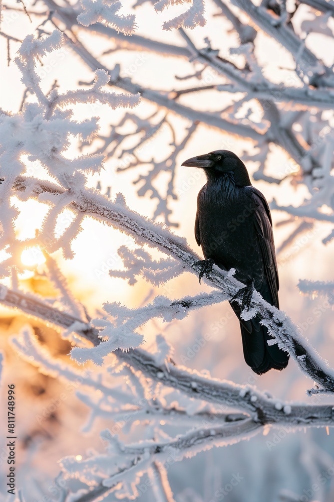Black crow sitting on tree covered with hoarfrost outdoor Black crow sitting on tree covered with hoarfrost outdoor