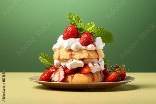 Strawberry cake with whipped cream and fresh strawberries on dark background