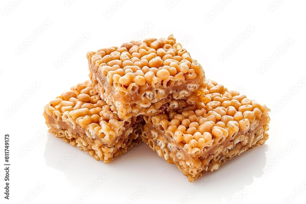 Bar of delicious rice crispy treat isolated on white background Bar of delicious rice crispy treat isolated on white background