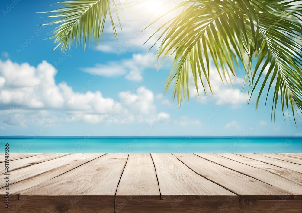Banner summer tropical sea with waves, palm leaves and blue sky with clouds