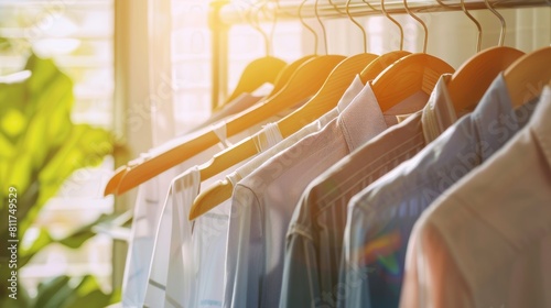Clean clothes hanging on rack indoors in bright sunlight after professional dry-cleaning photo