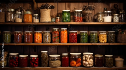 Assortment of canned preserves: fruit jam, compote, tomato paste and vegetable cans in the pantry on rustic wooden shelves, closeup, canned produce concept photo