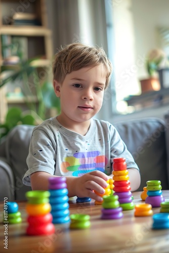 Cute little boy playing with stacking and counting game