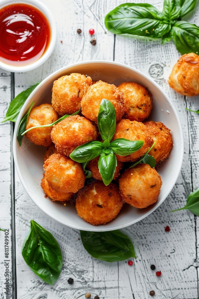 Bowl of delicious fried tofu balls with basil and sauce Bowl of delicious fried tofu balls with basil and sauce