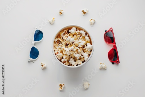 Bucket of fresh popcorn tickets and glasses photo