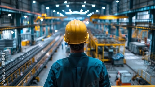 A man in a hard hat looking out over a factory floor. Steel production factory, steel forming, steel and aluminum export, and stainless steel. 