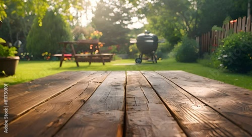 Wooden table in backyard with BBQ grill in the background. Concept Outdoor Dining, BBQ Grill, Backyard Decor, Wooden Table, Al Fresco Cooking