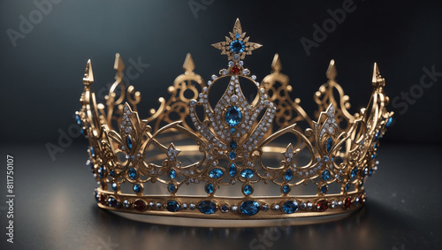  a silver crown with blue and red jewels.