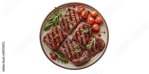 Sirloin steak placed on a plate, view from above, placed on a white background. Image generated by AI