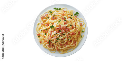 Stir-fried spaghetti with bacon, garlic and hotate are placed on a plate with a white background with a white background with a white background. Images are generated by AI