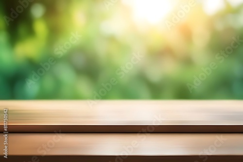 Empty wood table top, on blur abstract garden and house background from window, morning sunlight. concept for product display design