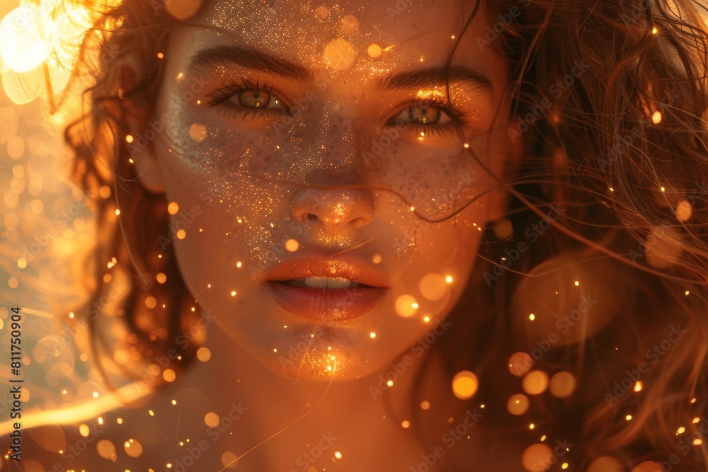 A captivating image of a woman surrounded by glowing lights, on a rich dark background enhancing the mood A captivating image of a woman surrounded by glowing lights, on a rich dark background enhancing the mood