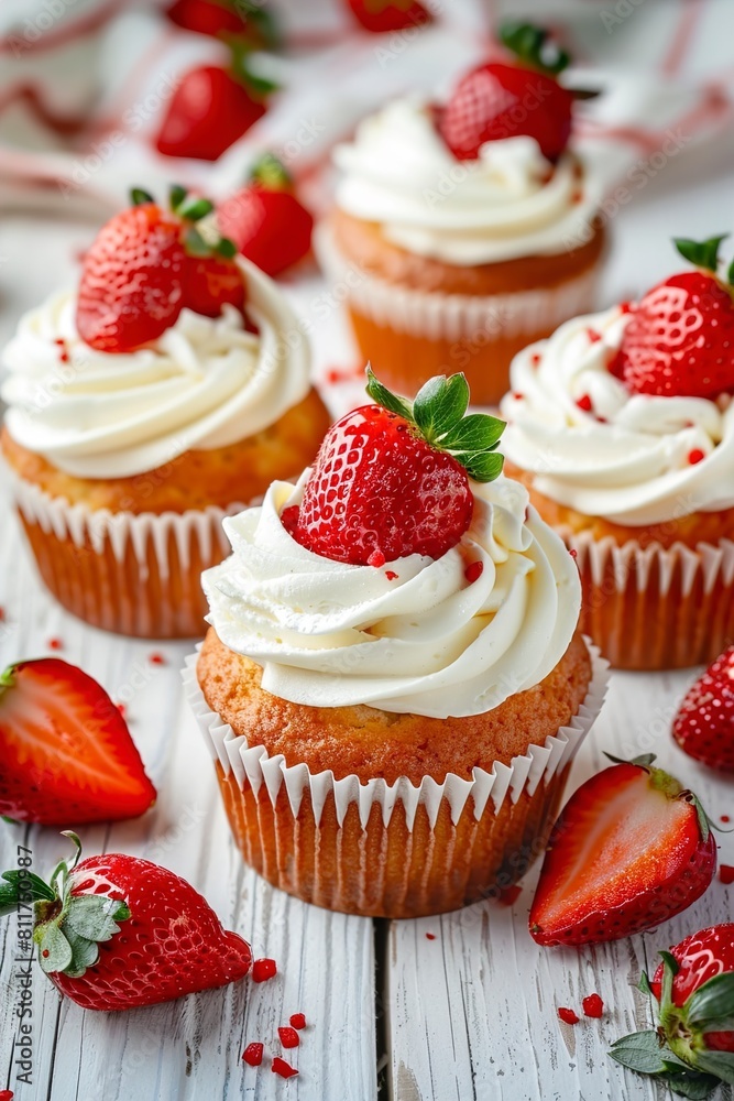Delicious cupcakes with cream and strawberries