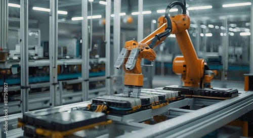 Factory robot arm assembles lithium or sodium batteries for electric vehicles . Concept Manufacturing, Factory Automation, Battery Assembly, Electric Vehicles, Robotics photo