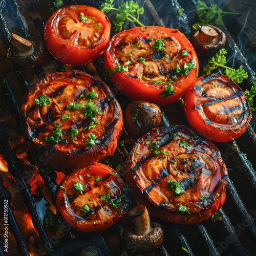 juicy tomatoes, zucchini, mushrooms with spices on grill grate, top view, light smoke, coals and some fire, photorealism, high detail, 8K, high resolution, flat vector illustration