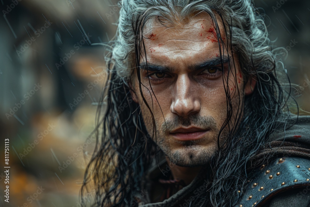 A close-up portrait of a warrior character with long wet hair, intense eyes, and battle scars