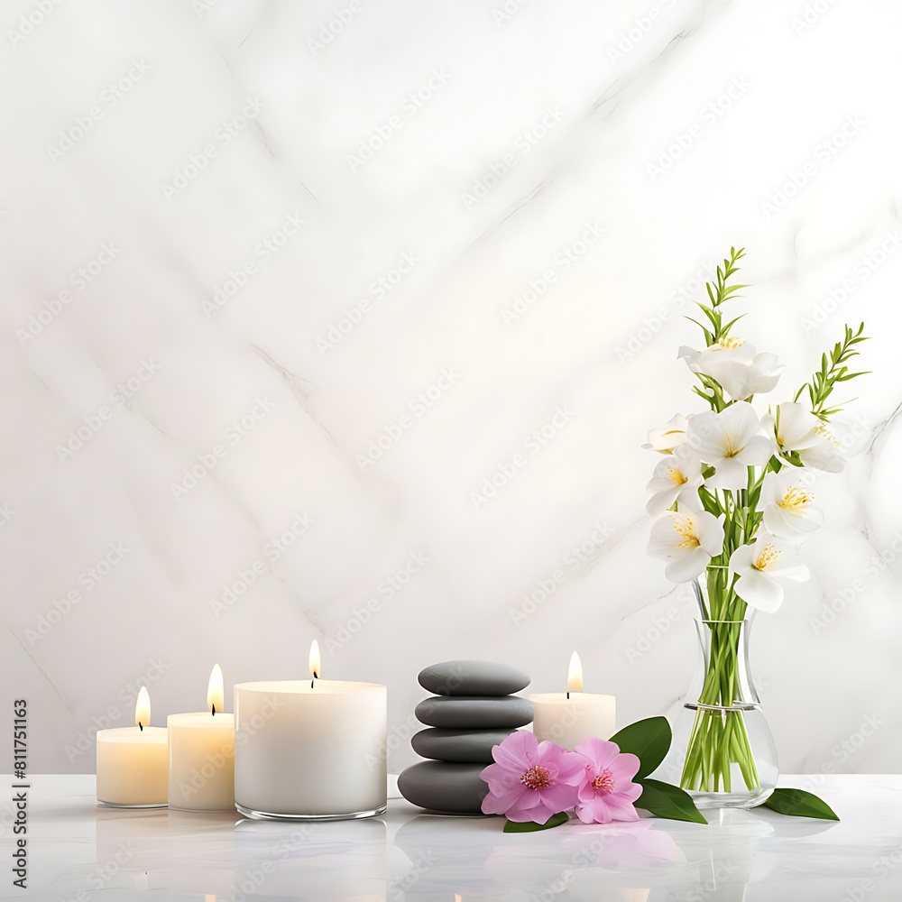  Spa background towel bathroom white luxury concept massage candle bath. Bathroom white wellness spa background towel relax aromatherapy flower accessory Zen therapy aroma beauty setting table salt oi