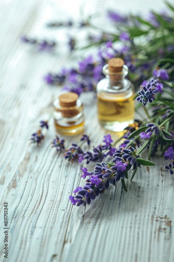 Essential oil and lavender flowers on white wooden table Essential oil and lavender flowers on white wooden table