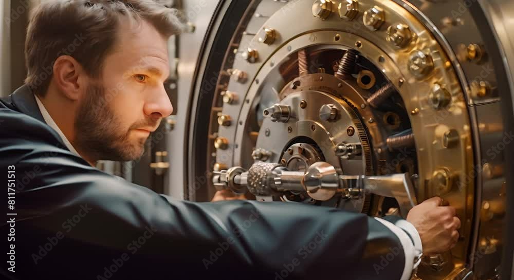 Banker standing in front of a secure vault with advanced locking system. Concept Banking Safety, Secure Vaults, Advanced Technology, Professional Portraits, Corporate Environment
