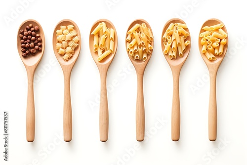 Various types of pasta in wooden spoons on white background, top view