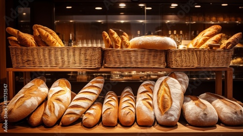 Fresh bread on shelves and in baskets in the store and bakery