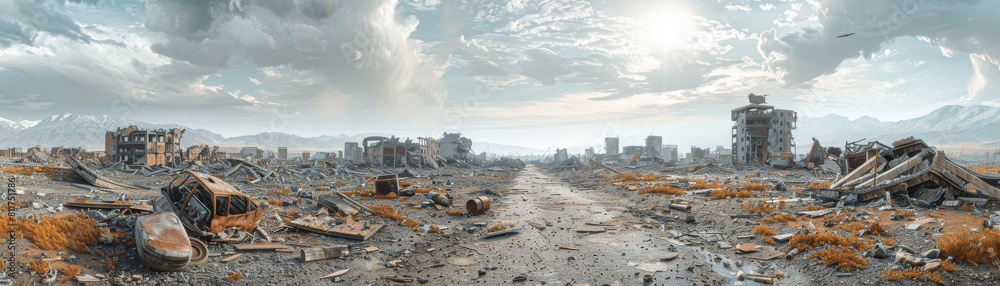 A desolate landscape with a few buildings and a large rock A desolate landscape with a few buildings and a large rock