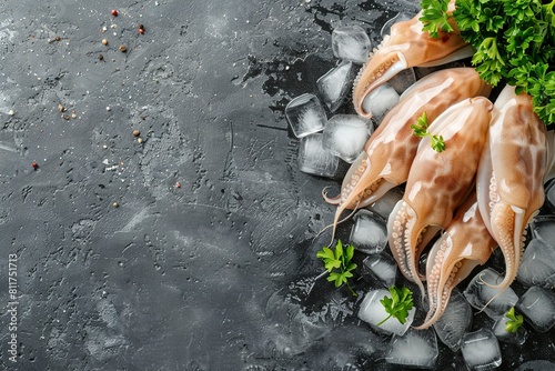 Fresh raw squids with ice and parsley on grey table