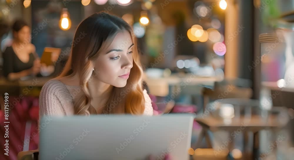 A young woman in a cafe using a laptop and making eye contact with the camera. Concept Portrait Photography, Cafe Setting, Professional Look, Technology Lifestyle, Eye Contact A young woman in a cafe using a laptop and making eye contact with the camera. Concept Portrait Photography, Cafe Setting, Professional Look, Technology Lifestyle, Eye Contact