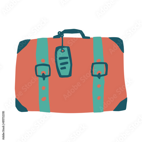 Vintage suitcase with tag. Luggage bag with belts. Vector hand drawn illustration in cartoon style