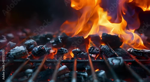 Intense Flames of Hot Charcoal in an Empty BBQ Grill. Concept BBQ Grill, Flames, Charcoal, Intensity, Heat photo
