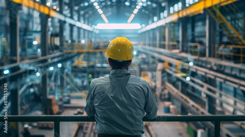 A worker in a hard hat looking out over a large industrial factory Steel production factory, steel forming, steel and aluminum export, and stainless steel. 