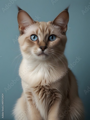 A Balinese cat is sitting on a blue background. AI generated image