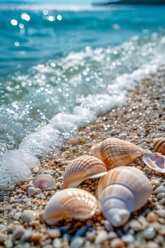 Beautiful seashells on the seashore. selective focus. Generative AI,