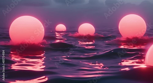 Pink neon spheres float on dark sea creating surreal aesthetic Ocean waves. Concept Watercolor painting, Surreal landscape, Neon pink spheres, Abstract art, Dreamlike scenery photo