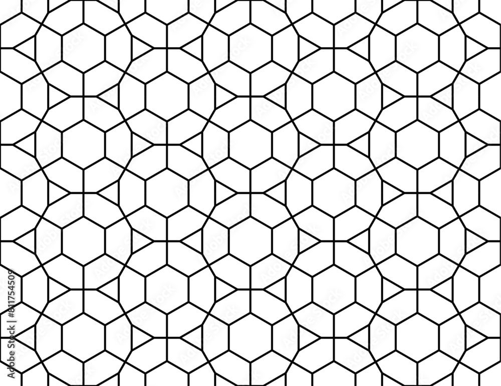 Contemporary repeating tessellated black outline pattern of hexagons inside 12-sided dodecagons Contemporary repeating tessellated black outline pattern of hexagons inside 12-sided dodecagons