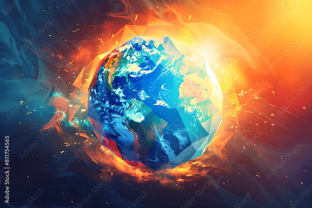 Dynamic Earth Globe Illustration with Polygonal Shapes - Vibrant Low Poly Style- World Map Logo design