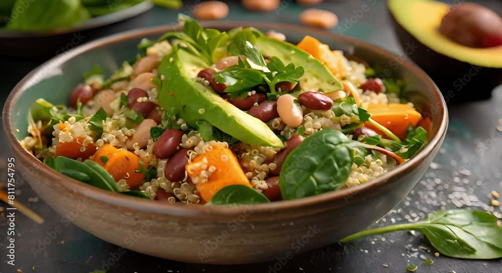 Nourishing Vegan Salad with Quinoa, Avocado, Sweet Potato, Beans, Herbs, and Spinach. Concept Vegan Recipes, Plant-based Meals, Healthy Eating, Superfood Salads, Nutrient-rich Ingredients Nourishing Vegan Salad with Quinoa, Avocado, Sweet Potato, Beans, Herbs, and Spinach. Concept Vegan Recipes, Plant-based Meals, Healthy Eating, Superfood Salads, Nutrient-rich Ingredients