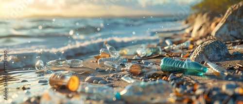 A beautiful beach is spoiled by plastic bottles and other trash photo