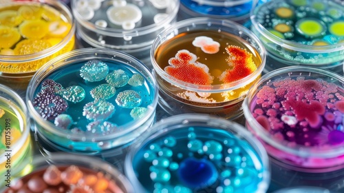 Close-up view of diverse microbial cultures in petri dishes, displaying intricate patterns and a spectrum of colors, used for scientific studies.