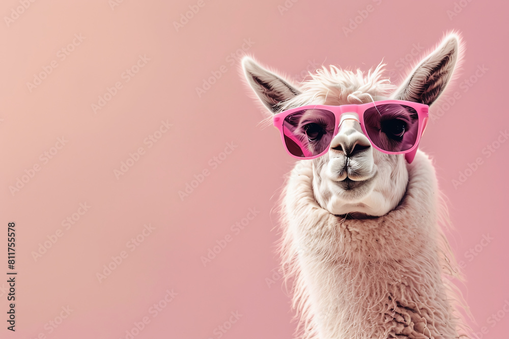 Obraz premium Glamorous alpaca in sunglasses on a pink background and empty space for text