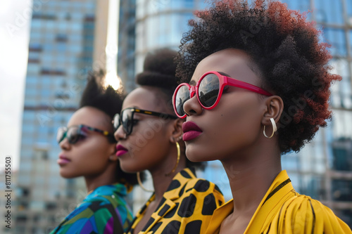 Three glamorous, African-American girls models in sunglasses at a photo shoot