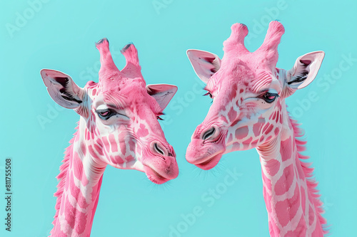 Two pink giraffes on a blue background and empty space