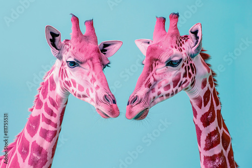 Two pink giraffes in love on a blue background