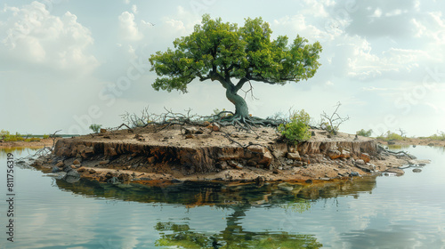 A tree is growing on a small island in the middle of a body of water