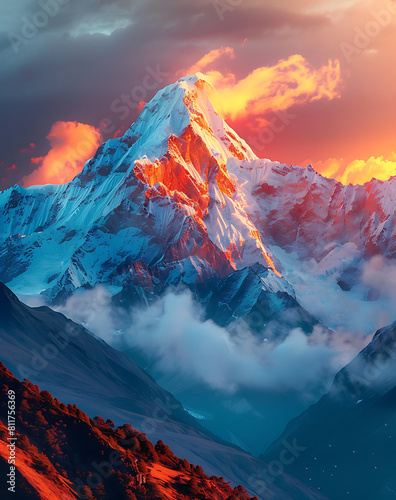 Majestic sunrise over snow-capped mountain peak 