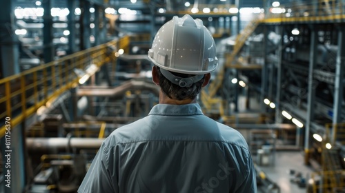 An industrial engineer wearing a hard hat looks out over a large factory floor. gas production plant Gas transport, gas transportation or petroleum, petrochemical, crude oil, natural gas factories 