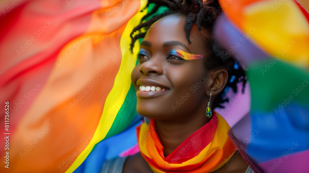 Portrait of a Smiling Black Woman with Rainbow Flag Celebrating Pride. Summer, Friends, Joyful Crowd. Diversity, Equality, Inclusion. Modern City, Urban Community, Empowerment. Fun, Positive Vibes Portrait of a Smiling Black Woman with Rainbow Flag Celebrating Pride. Summer, Friends, Joyful Crowd. Diversity, Equality, Inclusion. Modern City, Urban Community, Empowerment. Fun, Positive Vibes