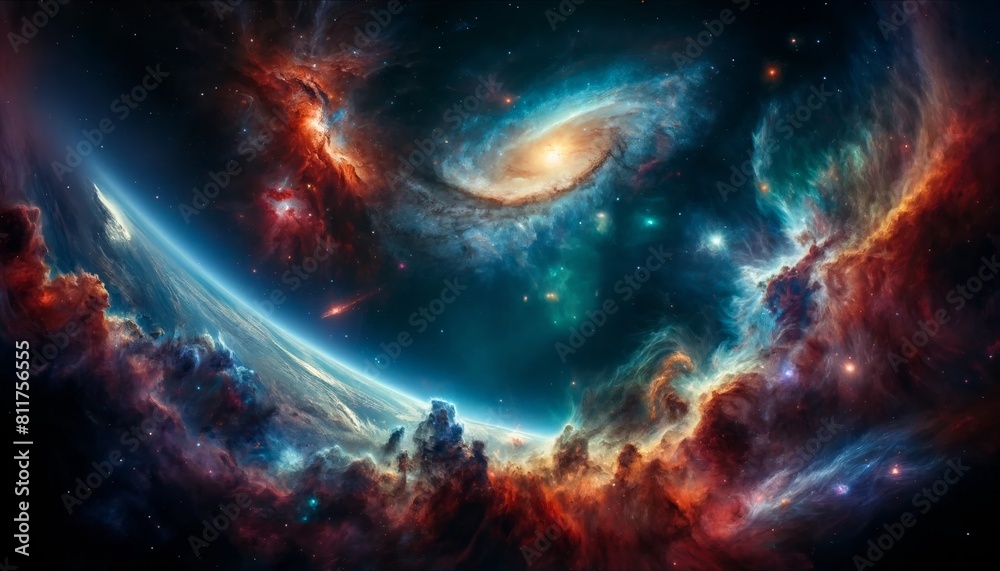 A beautiful space nebula with a blue and green center and red and orange edges. A beautiful space nebula with a blue and green center and red and orange edges.
