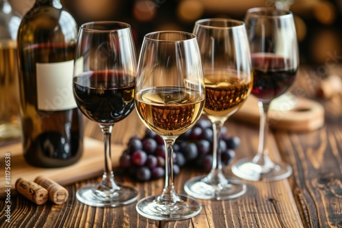 Four glasses filled with wine and a bottle are placed on a table