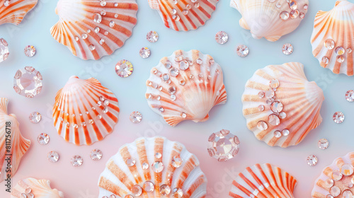 top view, seashells and gems on pastel background for luxury decoration photo